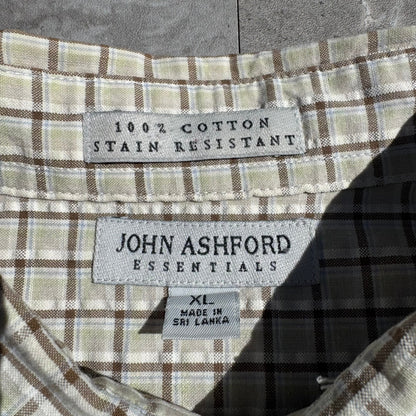 90s-00s John Ashford Cream Seersucker Checkered Cotton Short Sleeve Shirt KiiChain Clothing