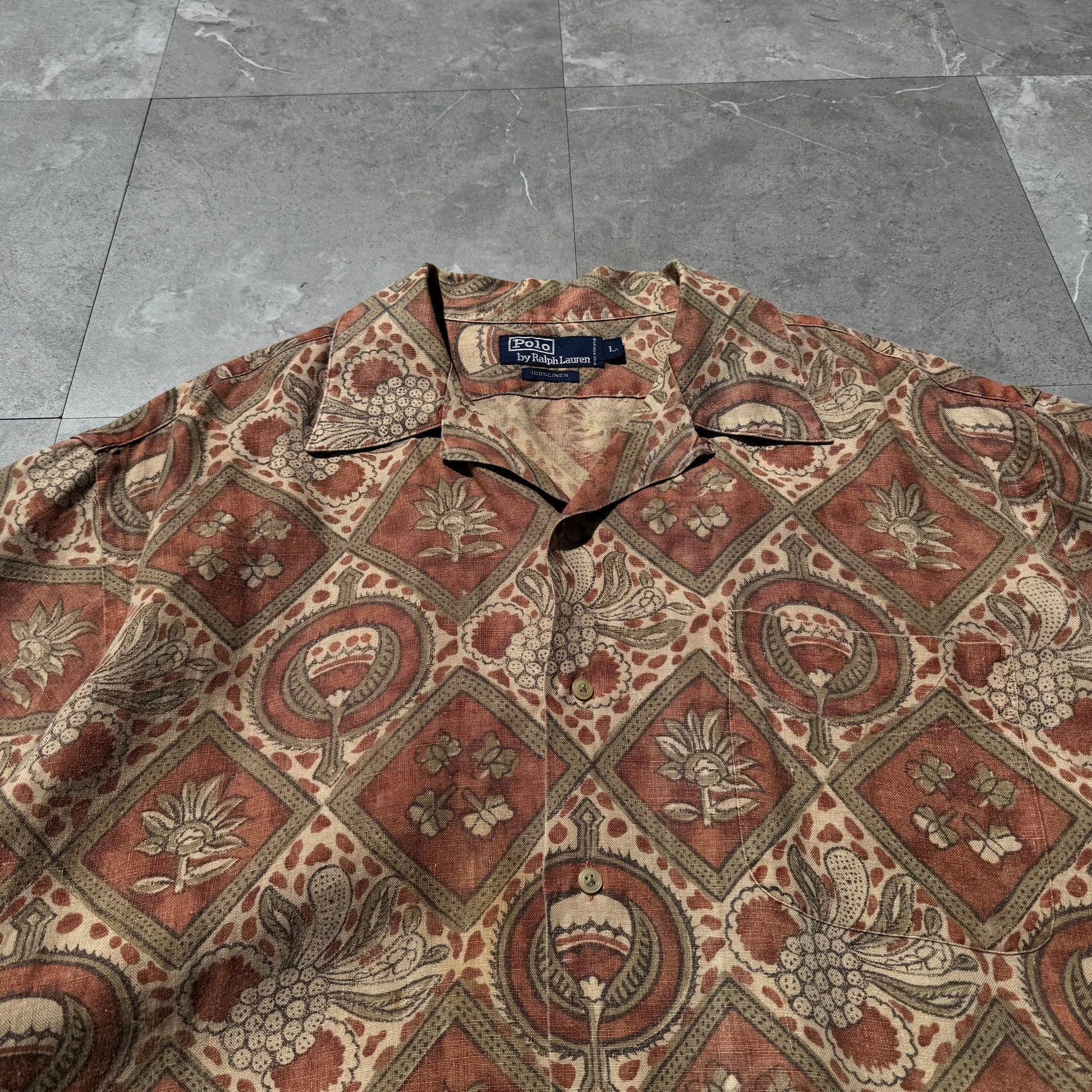 90s Ralph Lauren Rare Graphic Linen Open Collar Shirt KiiChain Clothing