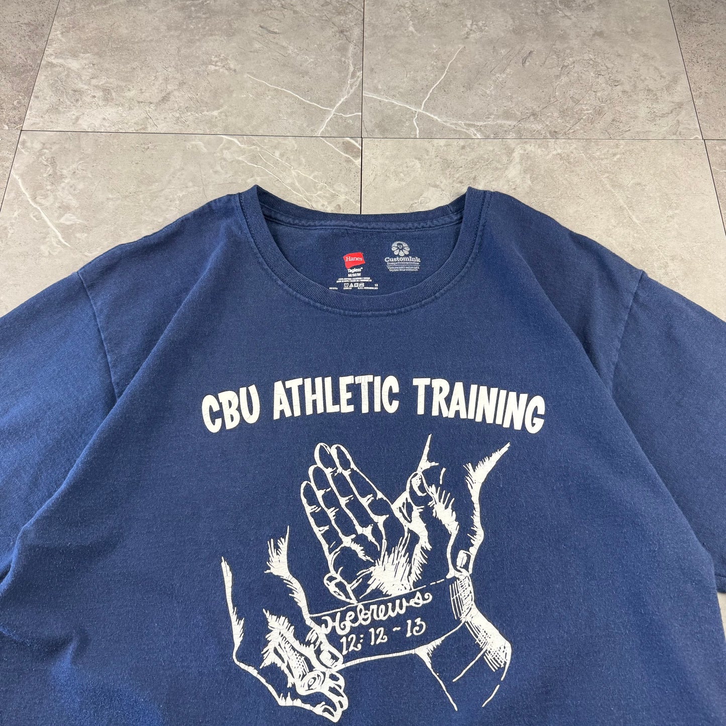 00s~ Hanes Navy CBU Athletic Training Hebrews 12:12-13 Christian Graphic Tee