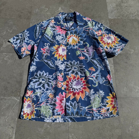 80s-90s Ralph Lauren Made in USA Blue Floral Open Collar Shirt KiiChain Clothing