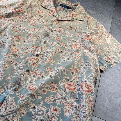 90s-00s Polo by Ralph Lauren Faded Green Flower Pattern Open Collar Shirt XL