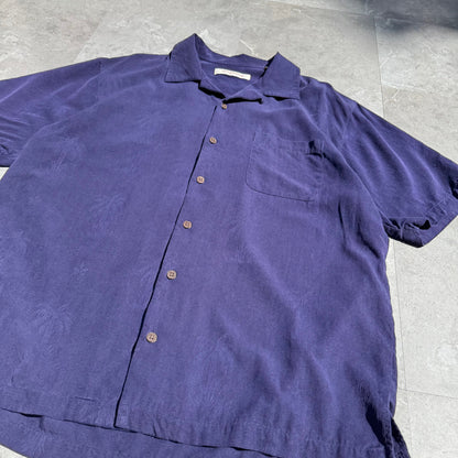 00s Tommy Bahama 100% Silk Purple Palm Tree Graphic Open Collar Shirt KiiChain Clothing