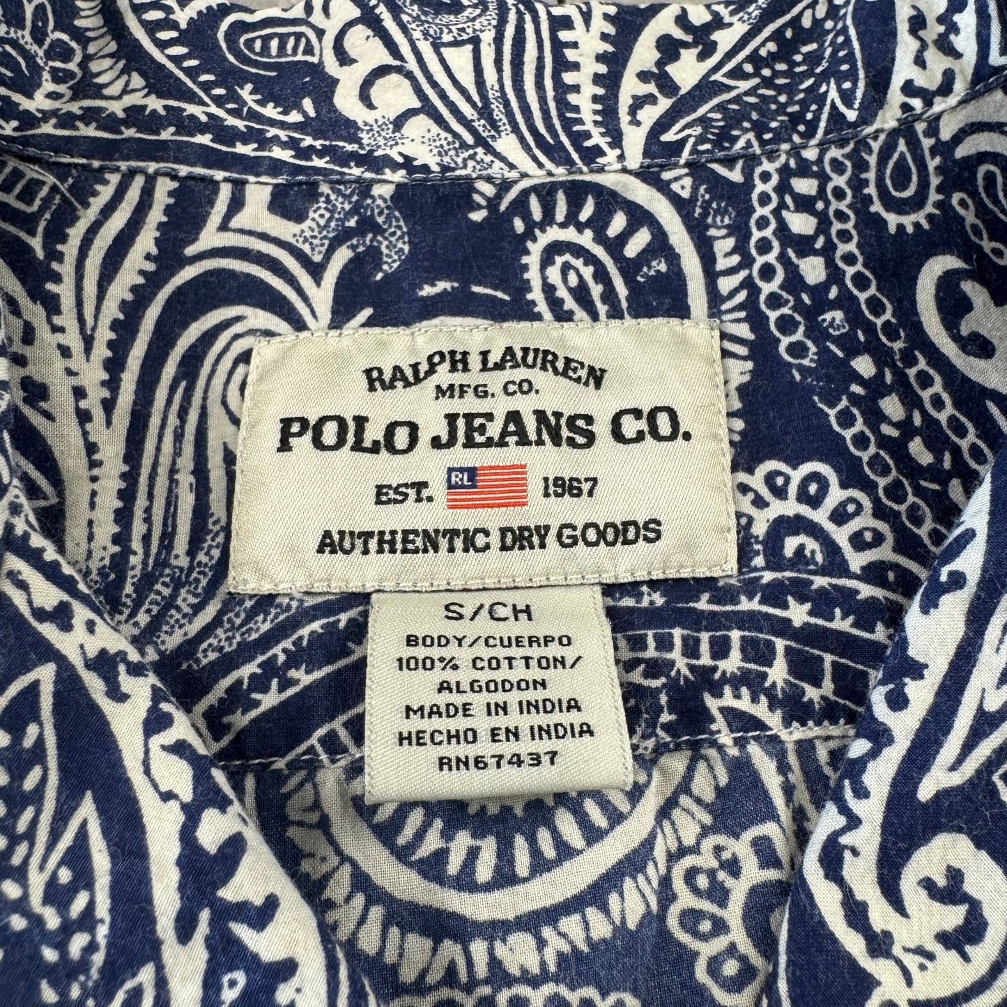 00s Ralph Lauren Polo Jeans Co. Blue Paisley Open Collar Shirt S