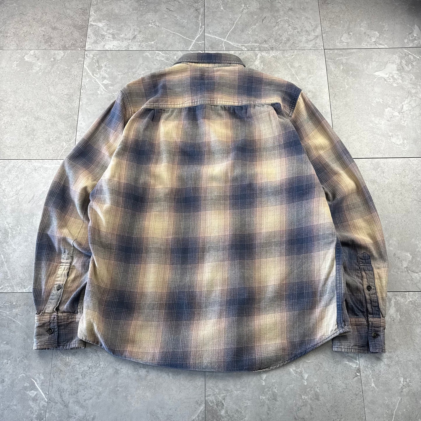 00s Arizona Beige & Navy Shadow Checkered Cotton Flannel Shirt
