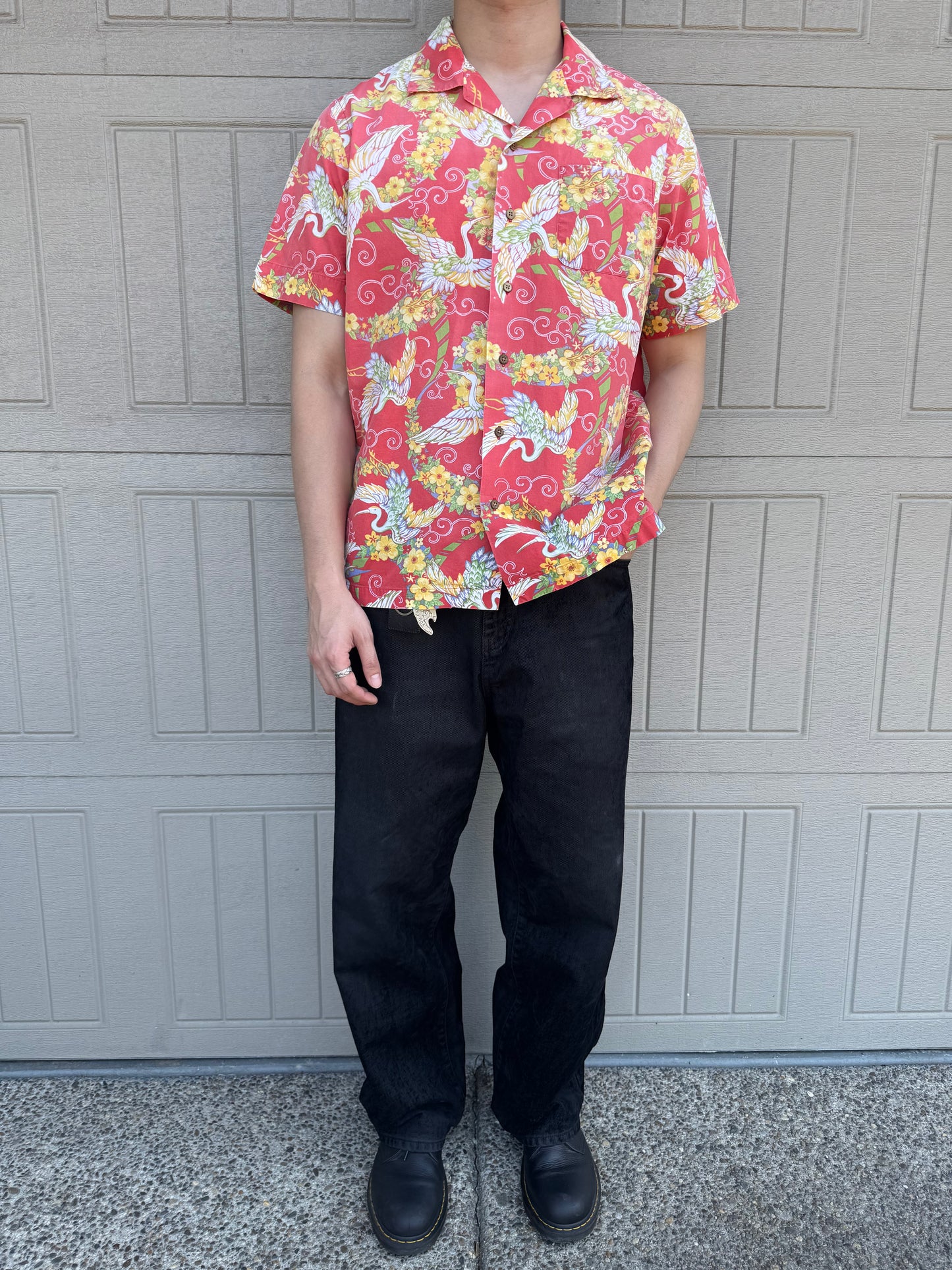 00s Polo by Ralph Lauren Red Rare Crane Graphic Open Collar Shirt L