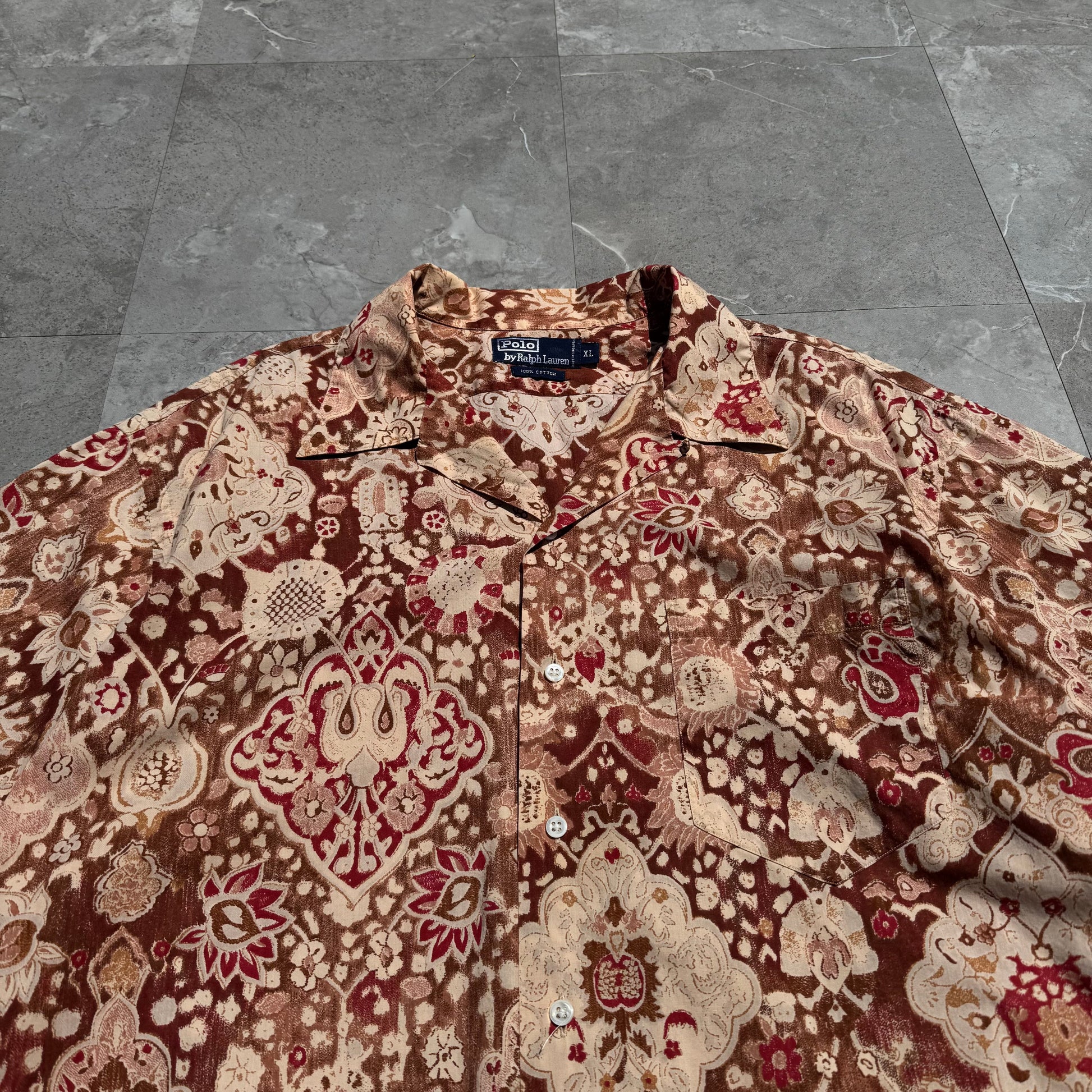 90s Ralph Lauren Faded Red Paisley Cotton Open Collar Shirt KiiChain Clothing