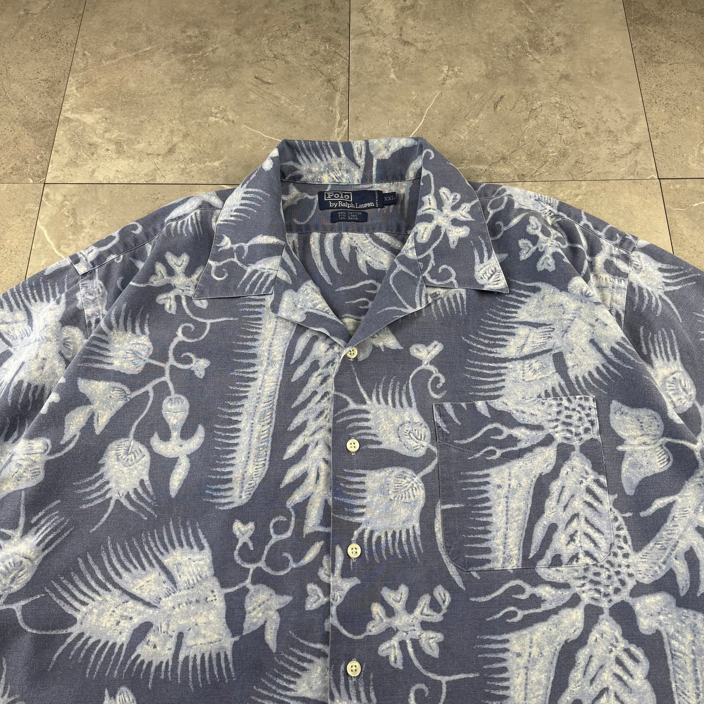 90s Polo by Ralph Lauren Faded Blue Cotton x Linen x Ramie Open Collar Shirt