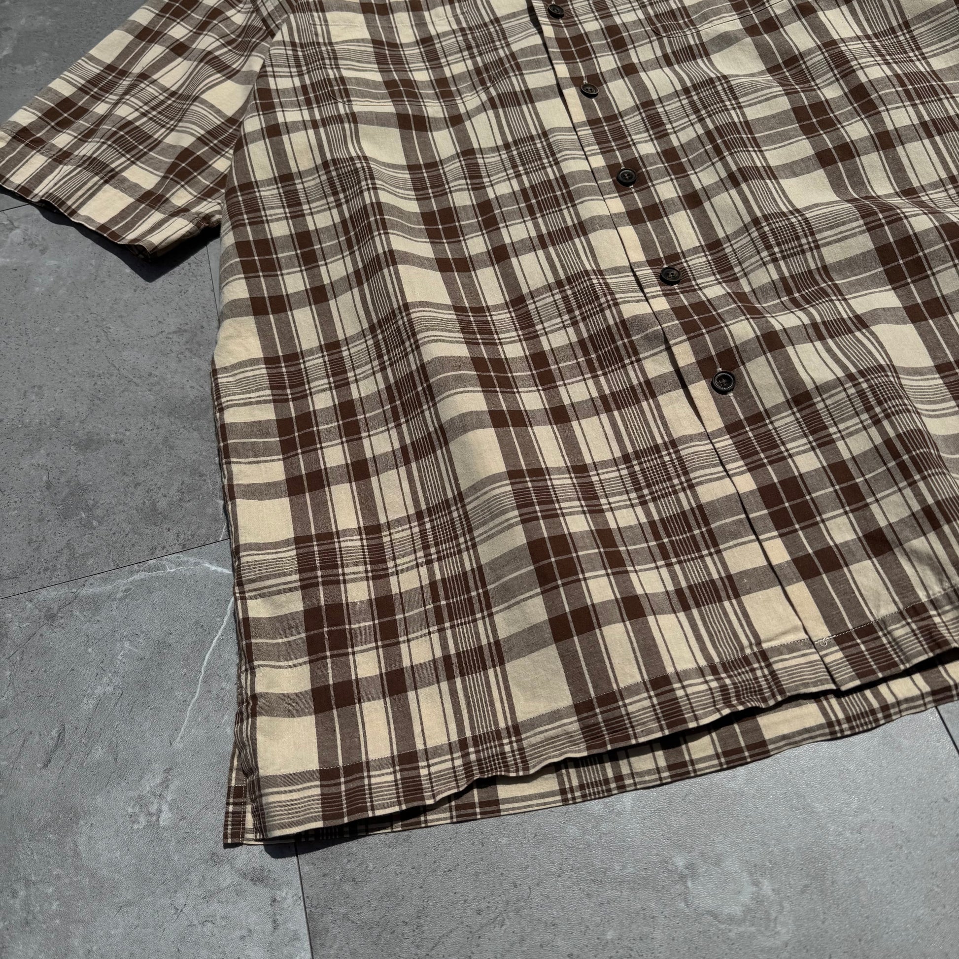 90s-00s Ralph Lauren Brown Checkered Cotton x Linen Open Collar Shirt KiiChain Clothing