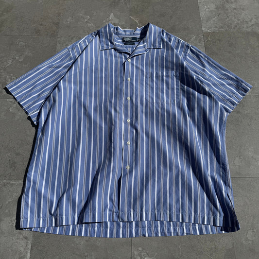 90s Ralph Lauren “Caldwell” Two-Ply Cotton Blue Stripe Open Collar Shirt KiiChain Clothing