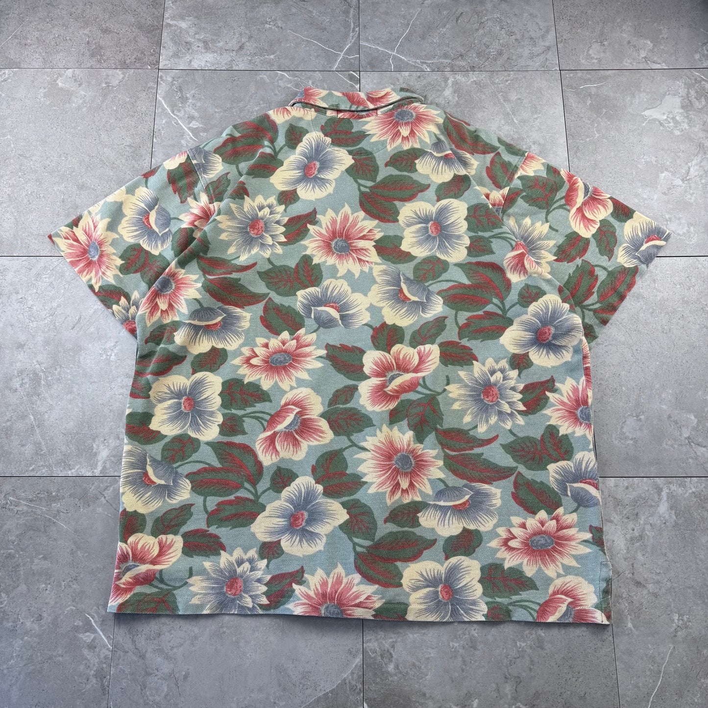 80s-90s Polo by Ralph Lauren Made in USA Green Floral Cotton Knit Open Collar Shirt