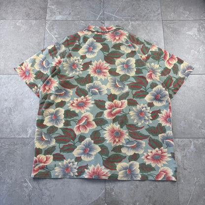 80s-90s Polo by Ralph Lauren Made in USA Green Floral Cotton Knit Open Collar Shirt