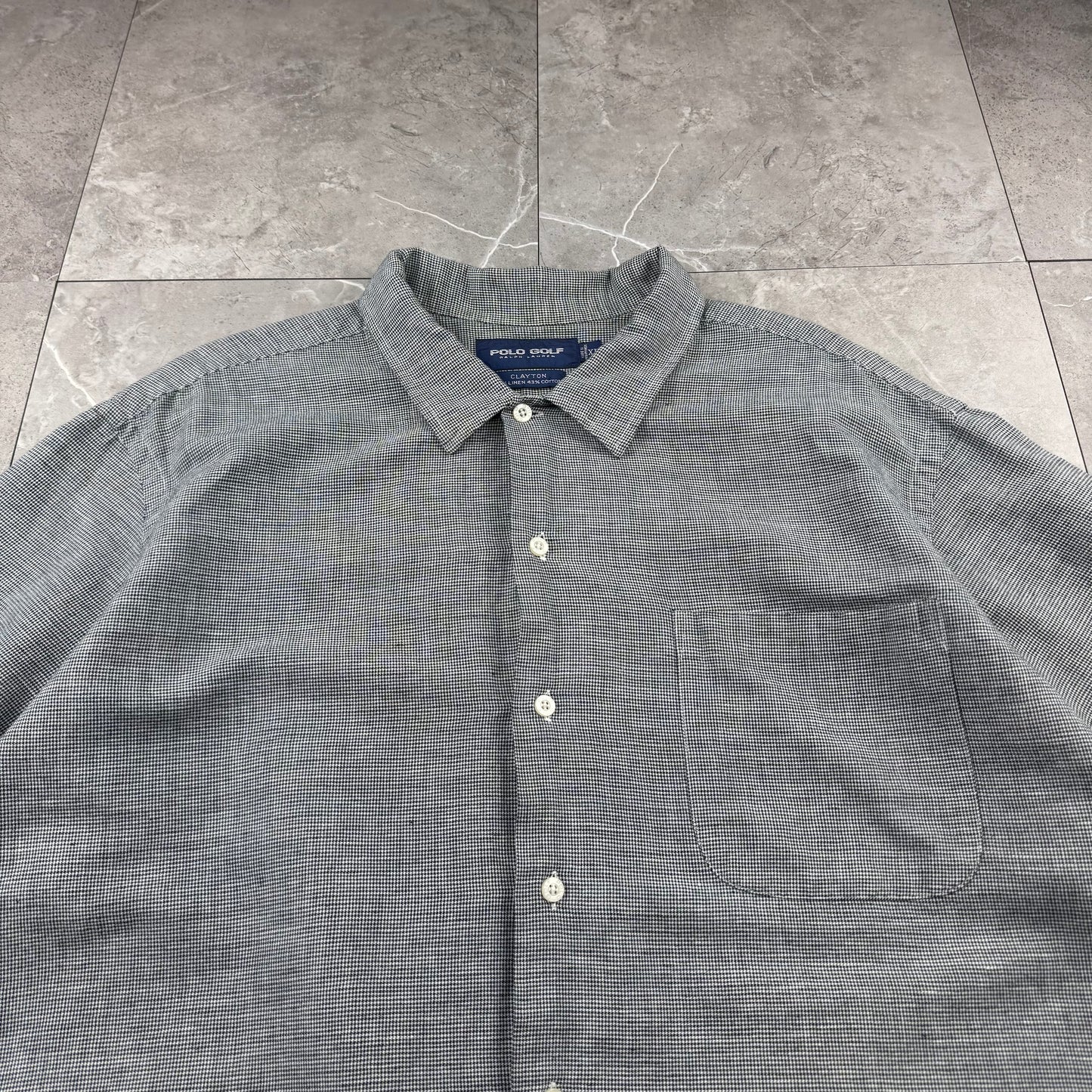 00s Ralph Lauren Polo Golf Clayton Black/White Houndstooth Linen x Cotton Short Sleeve Shirt XL