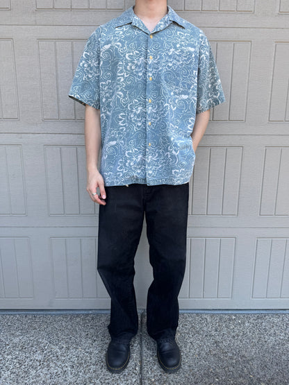 90s Polo by Ralph Lauren Faded Blue Paisley Open Collar Shirt L