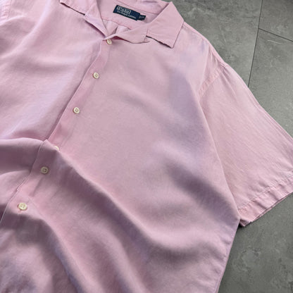 00s Polo by Ralph Lauren Pink Linen x Silk Open Collar Shirt XL