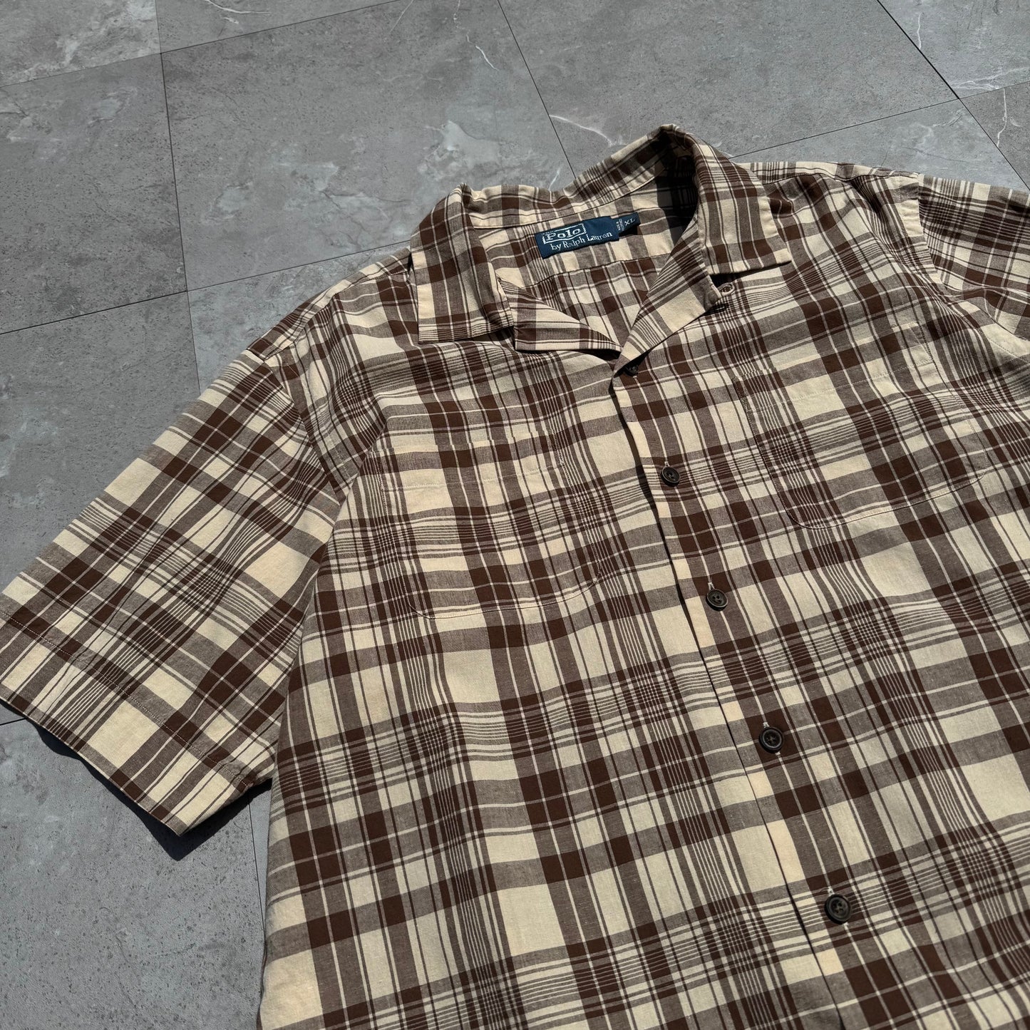 90s-00s Ralph Lauren Brown Checkered Cotton x Linen Open Collar Shirt KiiChain Clothing