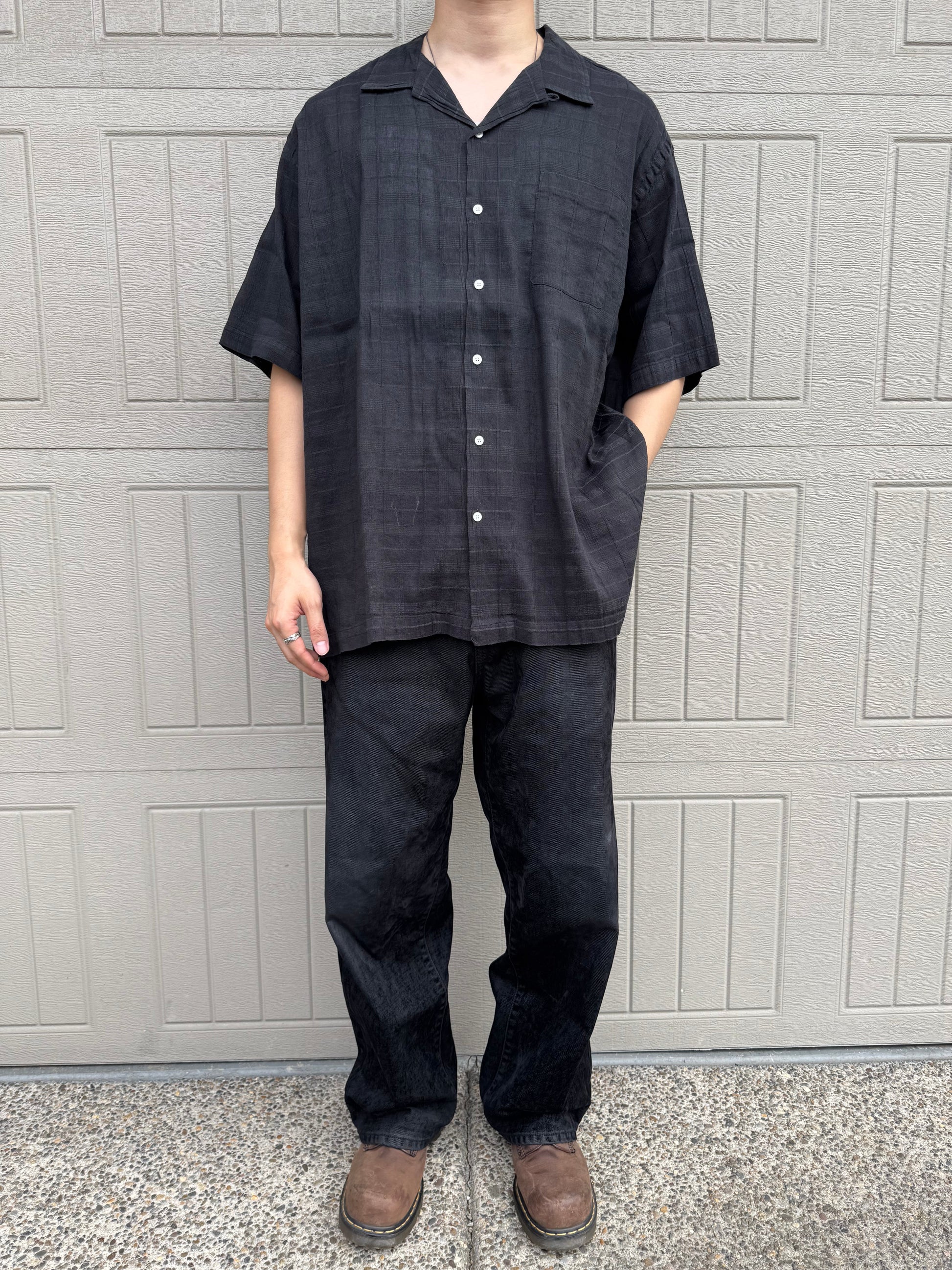 90s-00s Ralph Lauren Rare Caldwell Black Linen x Cotton Checkered Open Collar Shirt KiiChain Clothing