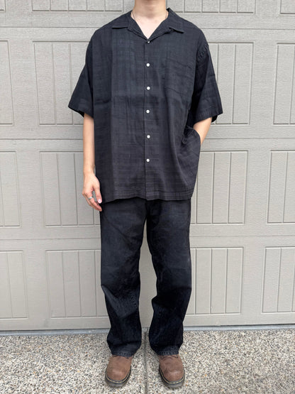 90s-00s Ralph Lauren Rare Caldwell Black Linen x Cotton Checkered Open Collar Shirt KiiChain Clothing