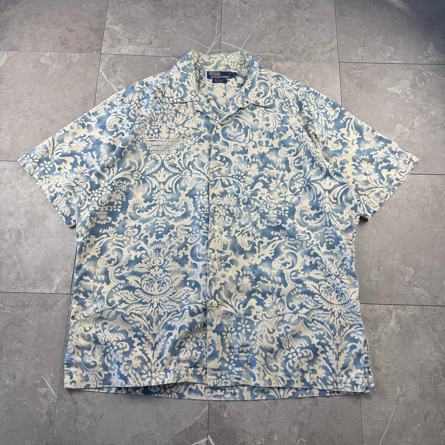 80s-90s Polo by Ralph Lauren Light Blue Paisley Cotton x Linen x Ramie Open Collar Shirt L