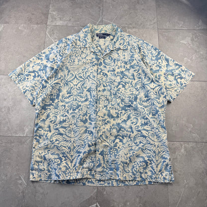 80s-90s Polo by Ralph Lauren Light Blue Paisley Cotton x Linen x Ramie Open Collar Shirt L
