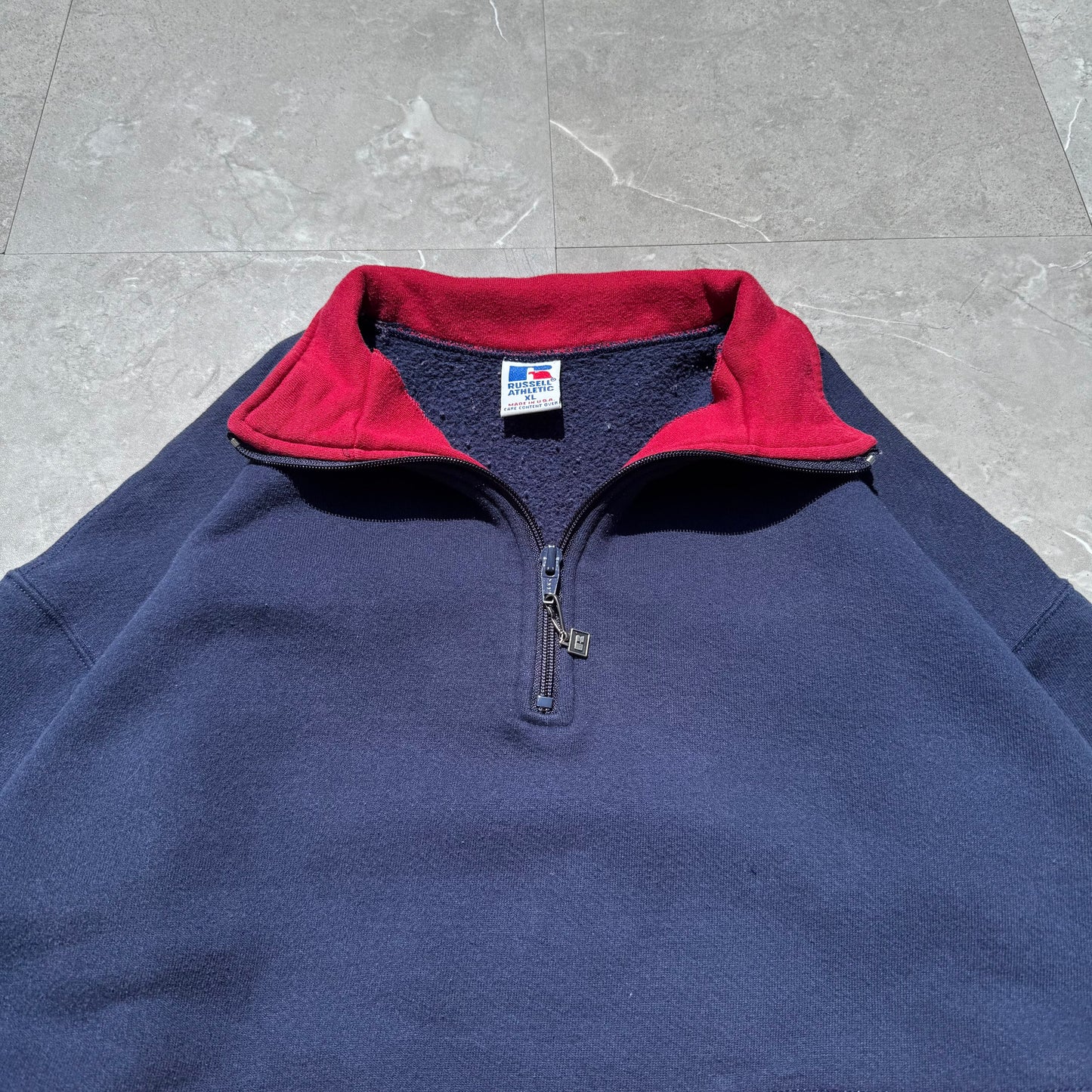 90s Russell Athletic Rare Made in USA Half-Zip Two Tone Navy/Red Sweatshirt KiiChain Clothing