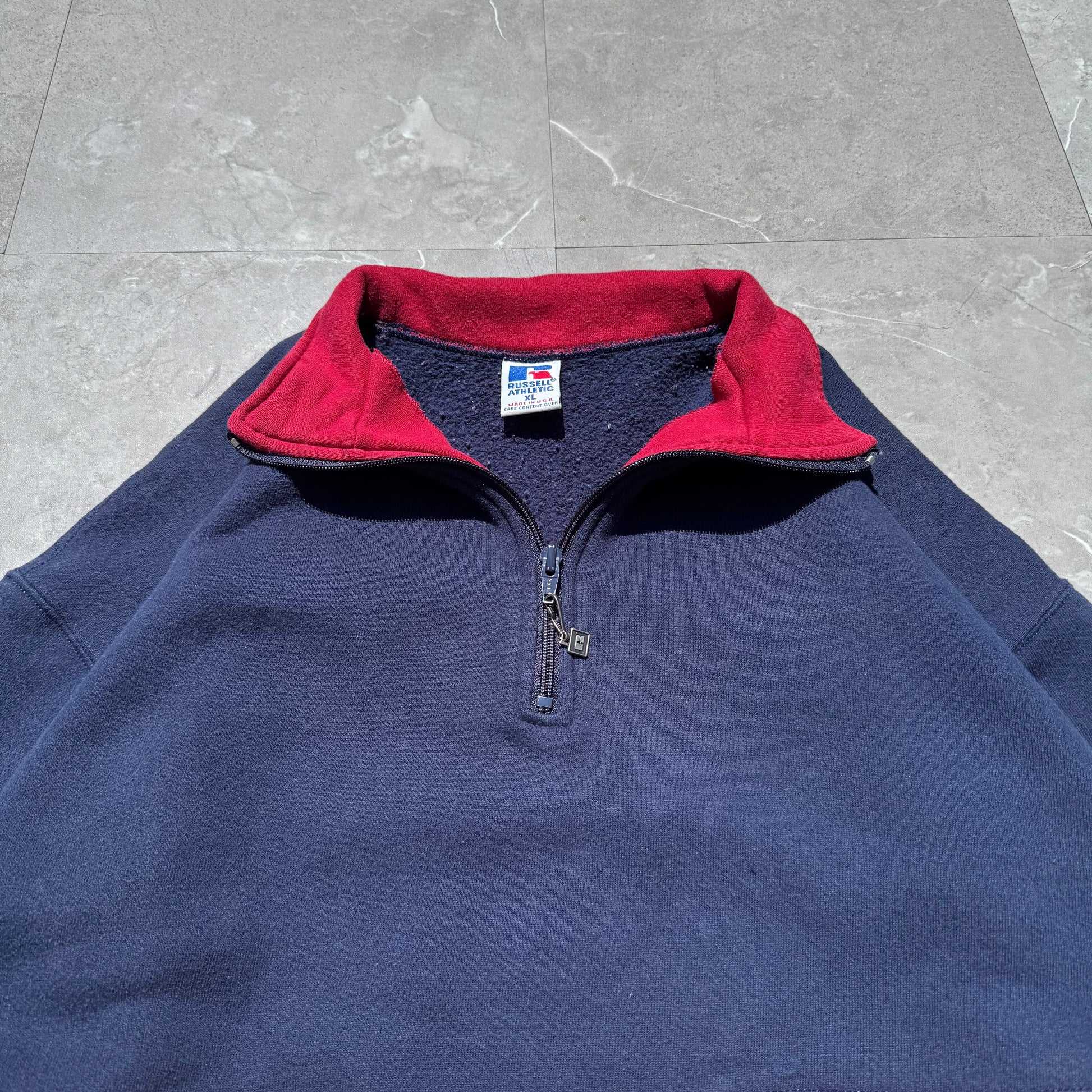 90s Russell Athletic Rare Made in USA Half-Zip Two Tone Navy/Red Sweatshirt KiiChain Clothing