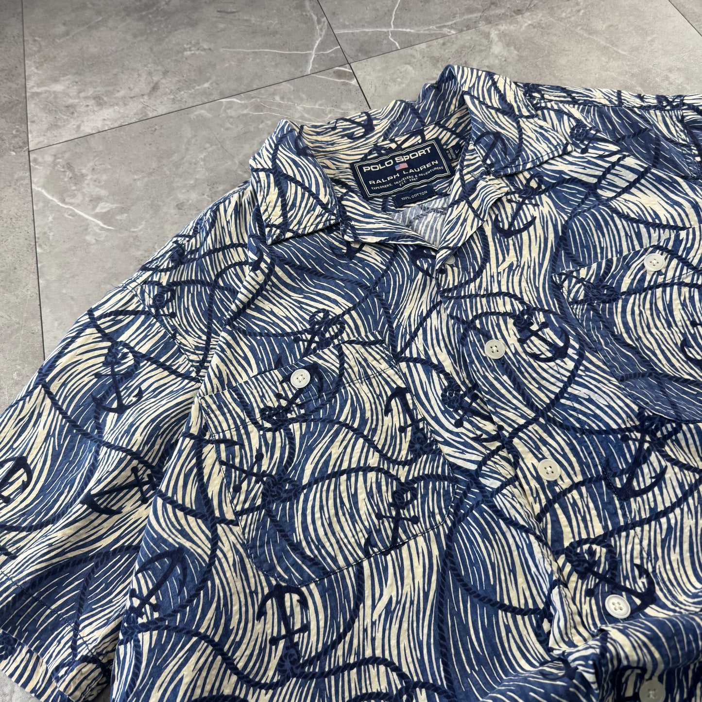 00s Ralph Lauren Polo Sport Blue Anchor Seersucker Open Collar Shirt L
