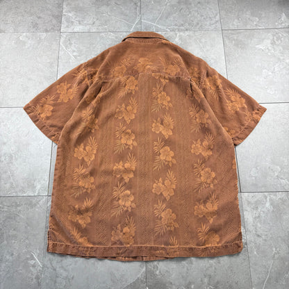 00s~ Tommy Bahama Brown Hibiscus 100% Silk Open Collar Shirt