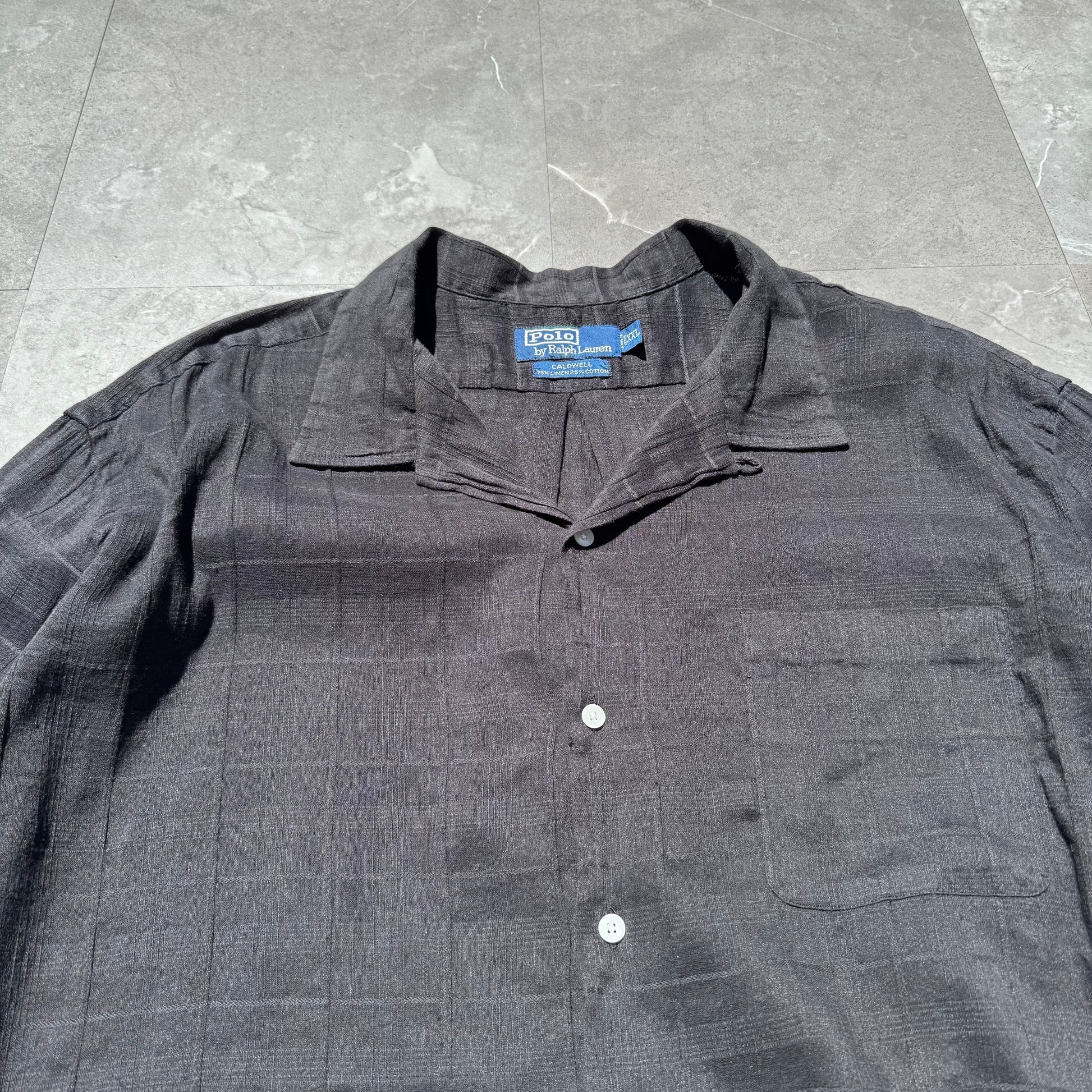 90s-00s Ralph Lauren Rare Caldwell Black Linen x Cotton Checkered Open Collar Shirt KiiChain Clothing