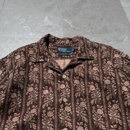 90s-00s Ralph Lauren Caldwell Silk x Linen Brown Floral Open Collar Shirt KiiChain Clothing