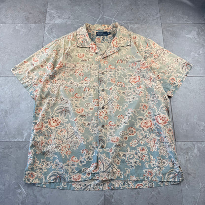 90s-00s Polo by Ralph Lauren Faded Green Flower Pattern Open Collar Shirt XL