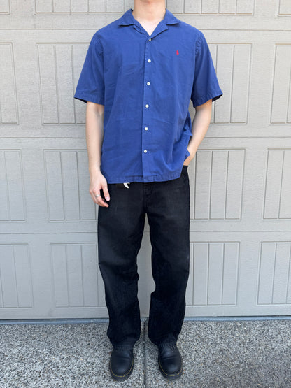 00s Polo by Ralph Lauren Curham Blue Linen x Cotton Open Collar Shirt L
