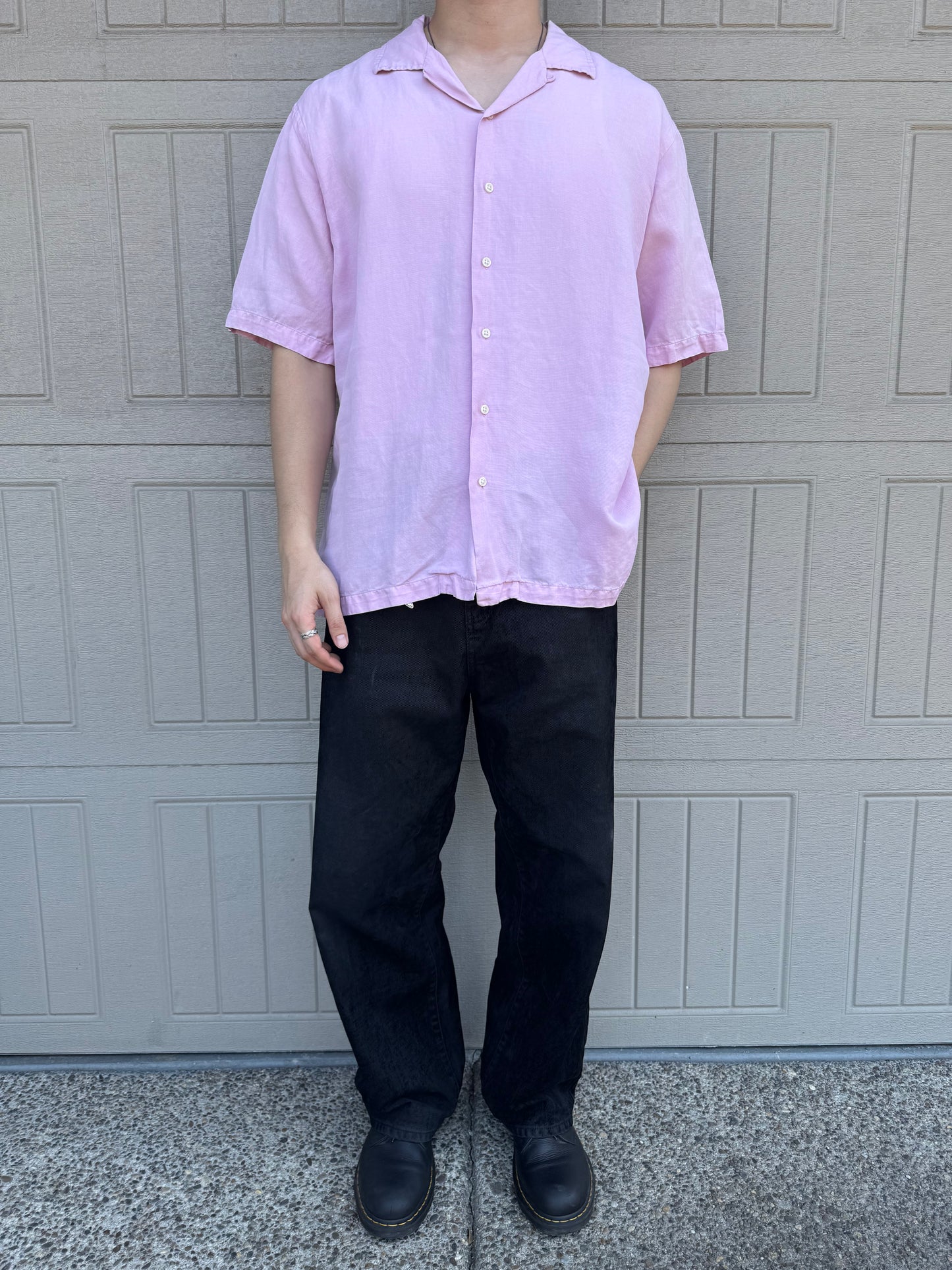 00s Polo by Ralph Lauren Pink Linen x Silk Open Collar Shirt XL