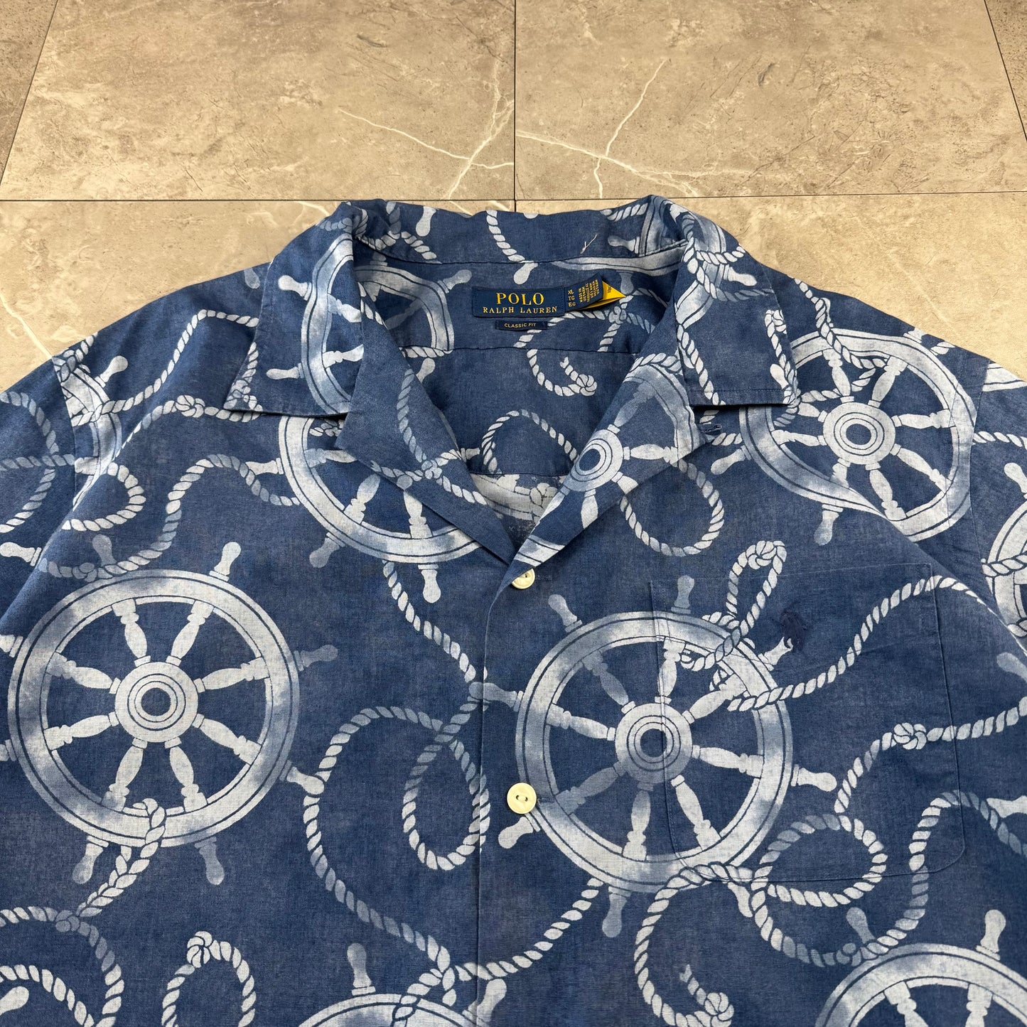 00s~ Polo Ralph Lauren Blue Classic Fit Helm Wheel Open Collar Shirt