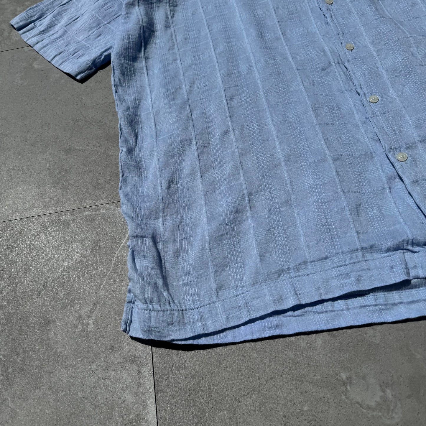 90s-00s Ralph Lauren Caldwell Linen x Cotton Light Blue Checkered Open Collar Shirt KiiChain Clothing