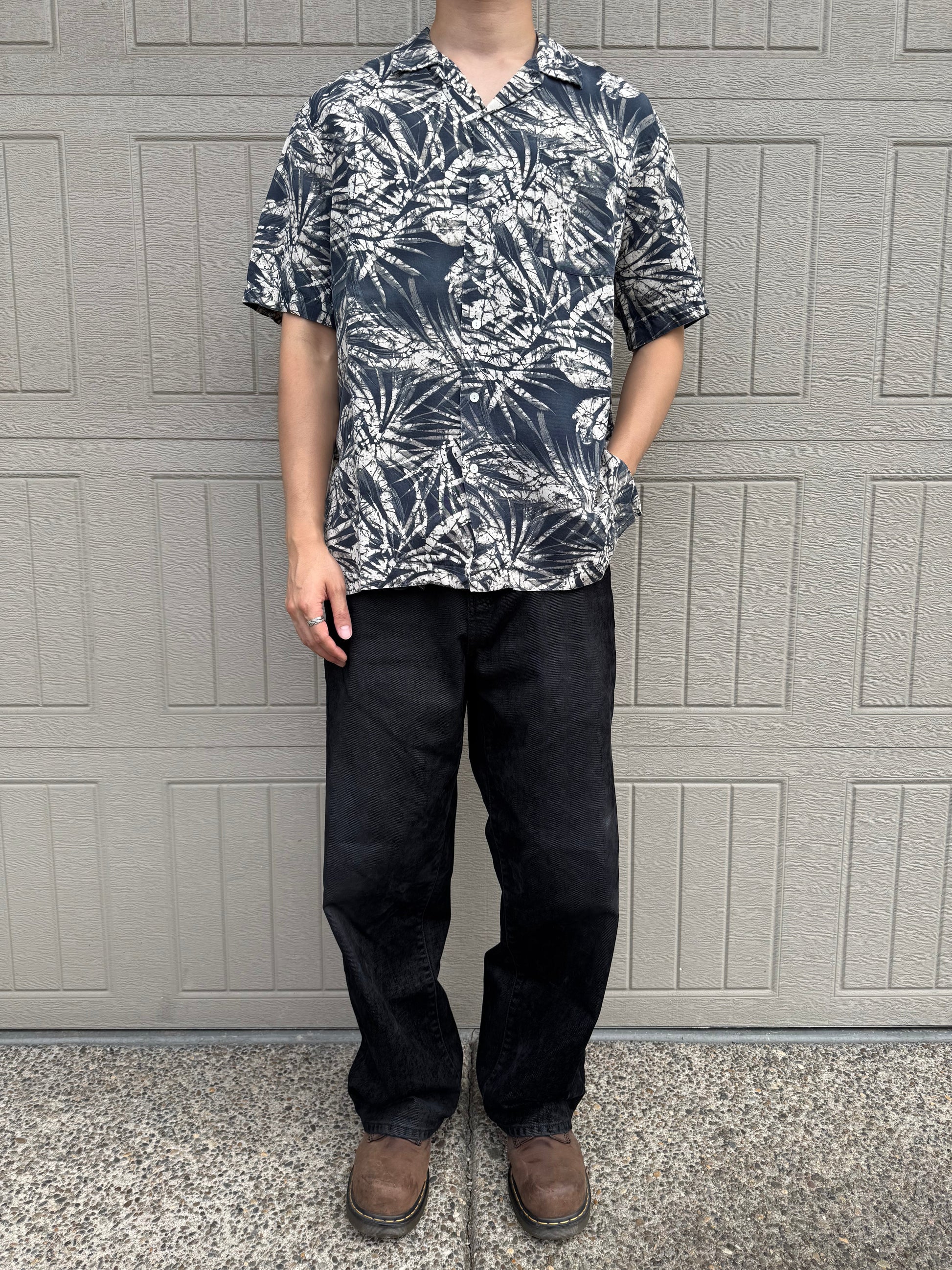 90s-00s Ralph Lauren Clayton Black Silk x Linen Open Collar Shirt KiiChain Clothing