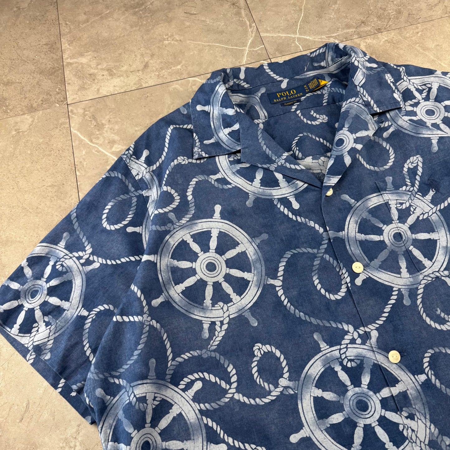 00s~ Polo Ralph Lauren Blue Classic Fit Helm Wheel Open Collar Shirt