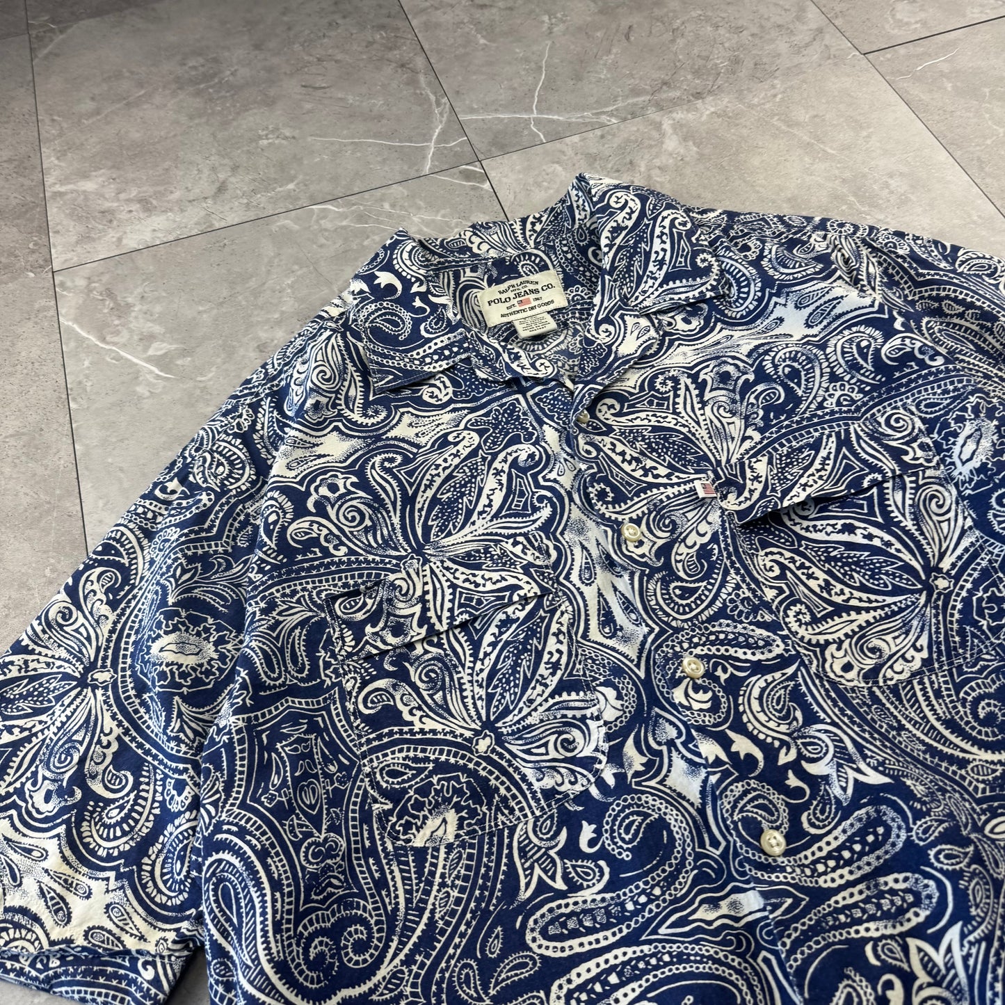 00s Ralph Lauren Polo Jeans Co. Blue Paisley Open Collar Shirt S