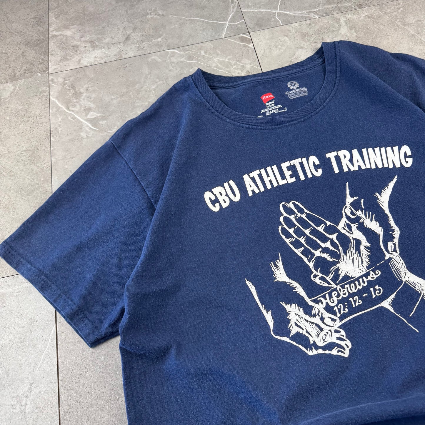 00s~ Hanes Navy CBU Athletic Training Hebrews 12:12-13 Christian Graphic Tee