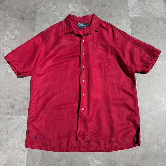 90s-00s Ralph Lauren “Caldwell” Silk x Linen Red Open Collar Shirt KiiChain Clothing