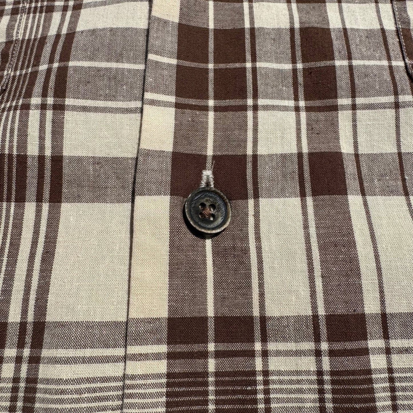 90s-00s Ralph Lauren Brown Checkered Cotton x Linen Open Collar Shirt KiiChain Clothing