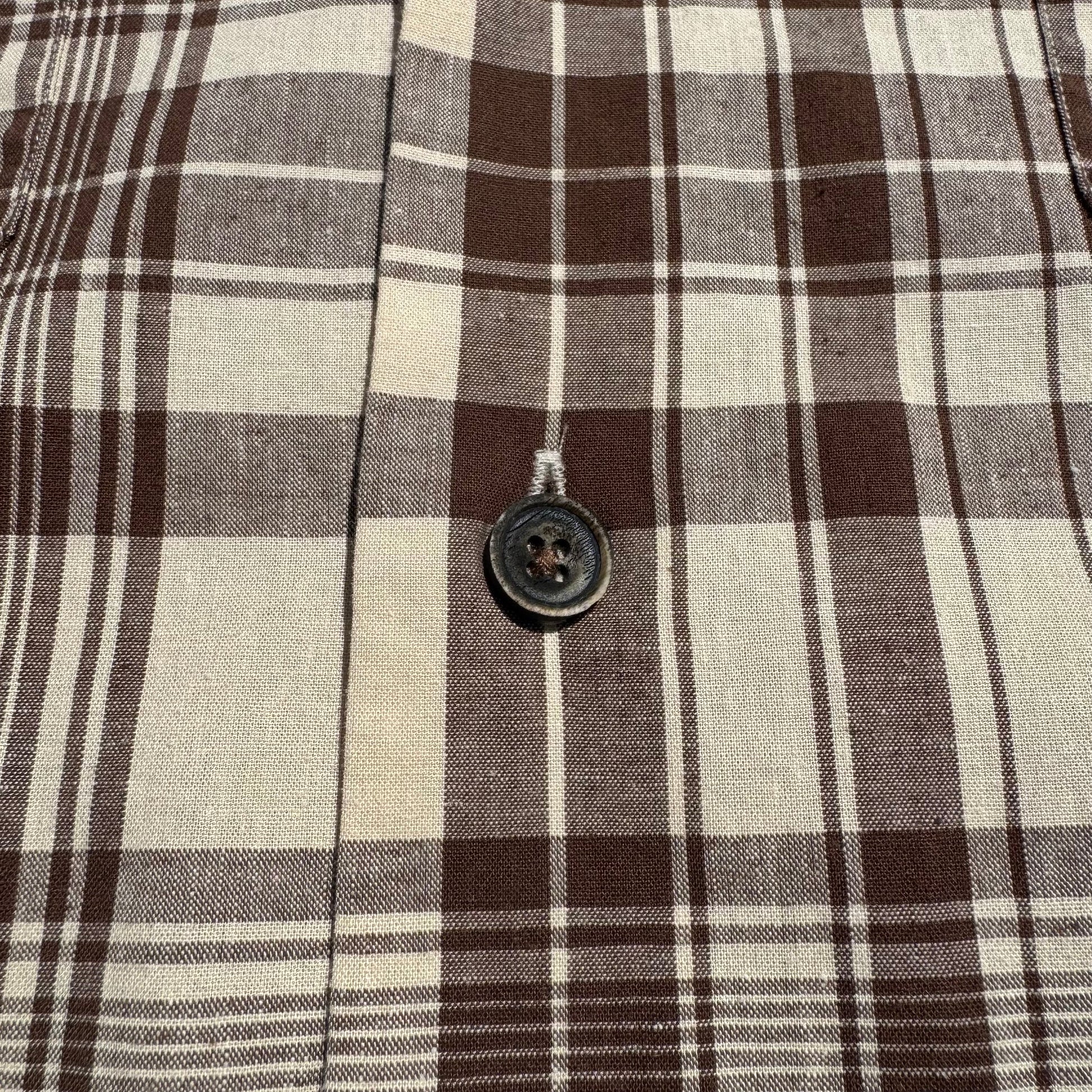 90s-00s Ralph Lauren Brown Checkered Cotton x Linen Open Collar Shirt KiiChain Clothing