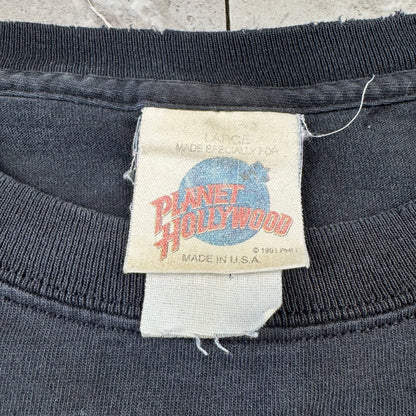 90s-00s Planet Hollywood Made in USA Faded Black Embroidered Logo T-Shirt