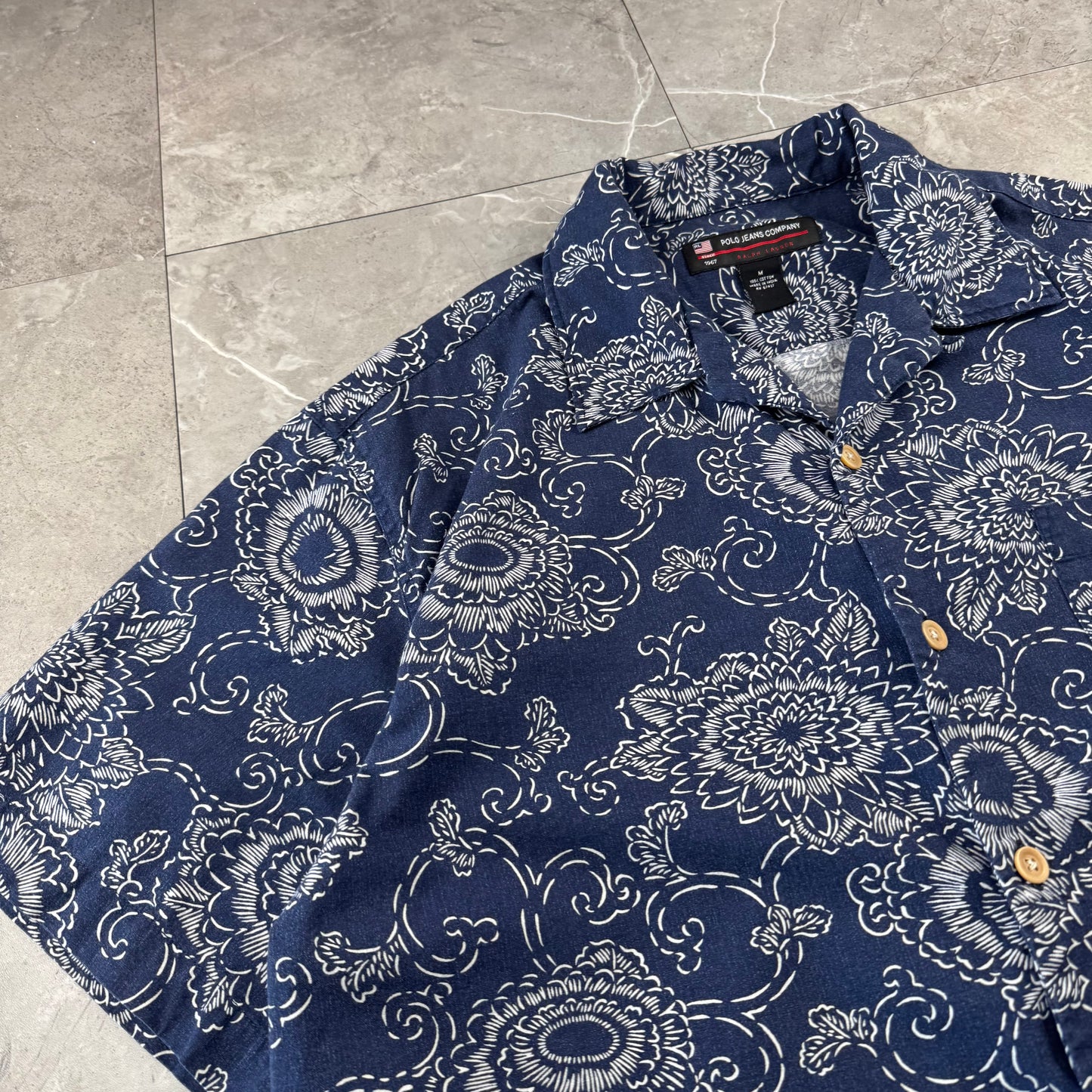 00s Ralph Lauren Polo Jeans Co. Navy Floral Open Collar Shirt