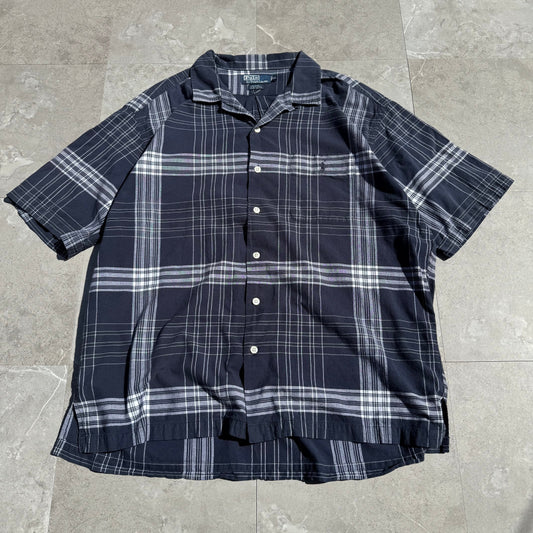 90s-00s Ralph Lauren “Caldwell” Navy Checkered Open Collar Shirt KiiChain Clothing