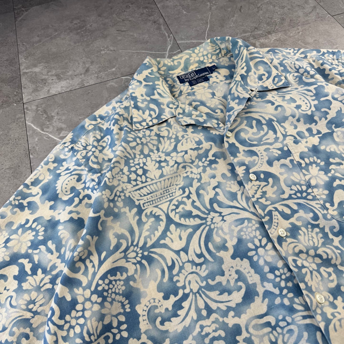 80s-90s Polo by Ralph Lauren Light Blue Paisley Cotton x Linen x Ramie Open Collar Shirt L