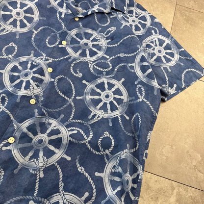 00s~ Polo Ralph Lauren Blue Classic Fit Helm Wheel Open Collar Shirt