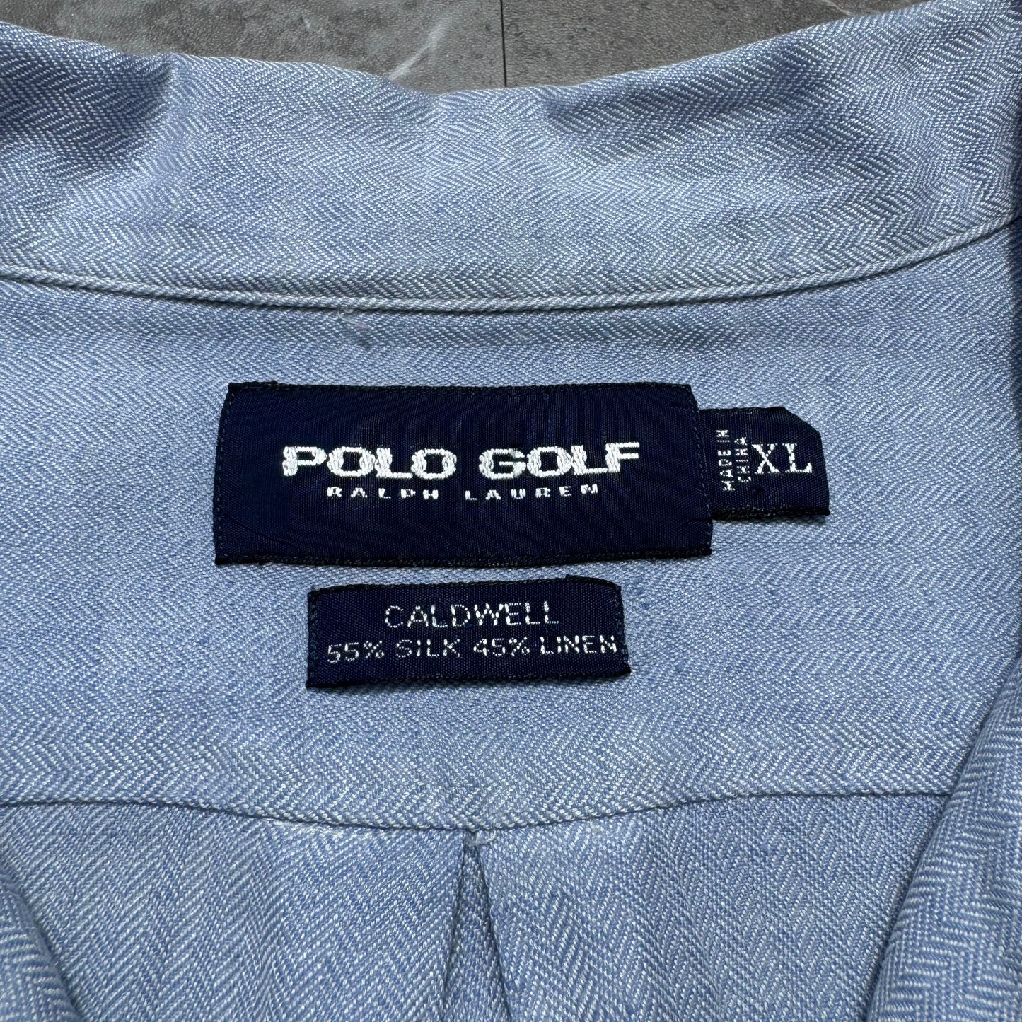 90s-00s Ralph Lauren Polo Golf Caldwell Blue Herringbone Silk x Linen Open Collar Shirt KiiChain Clothing