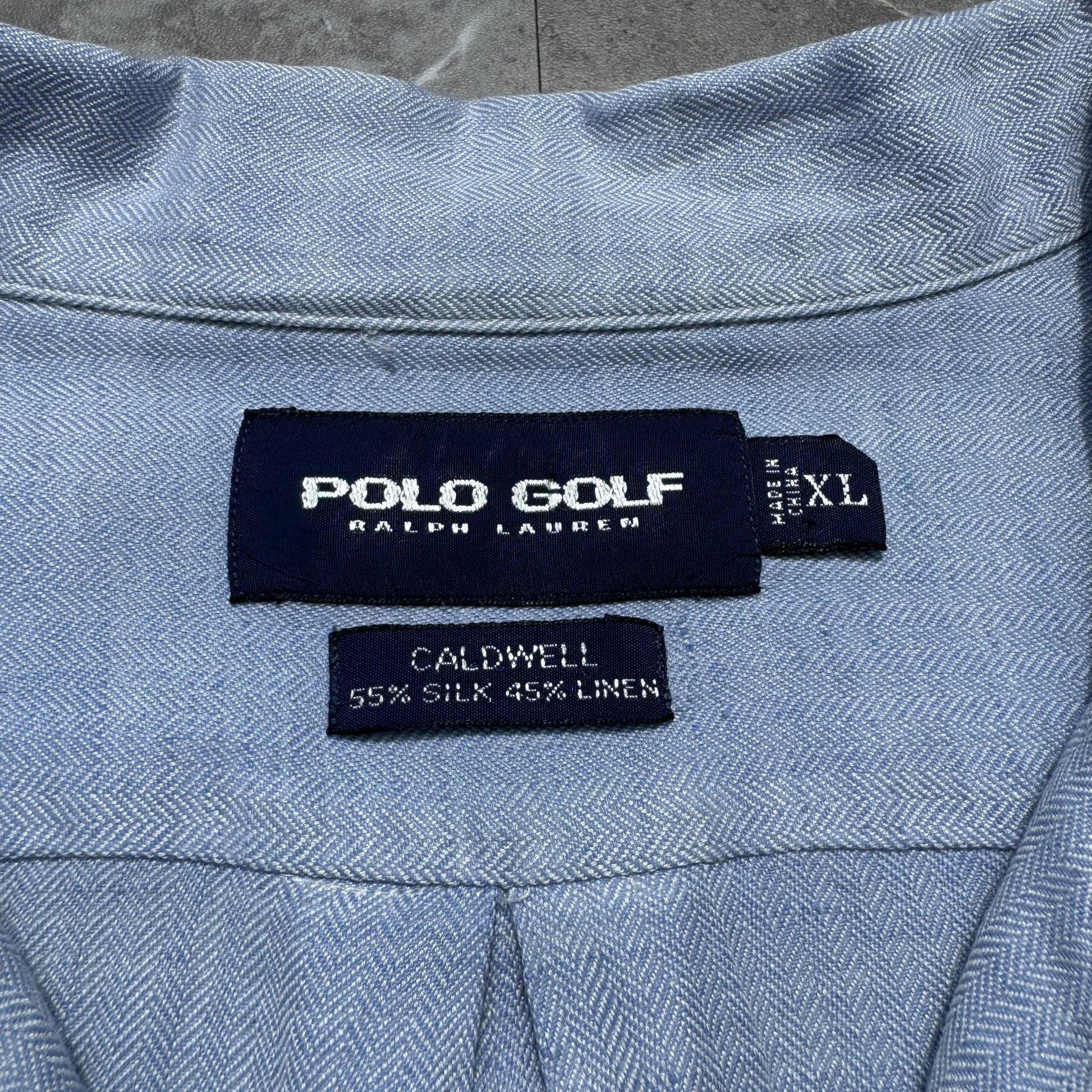 90s-00s Ralph Lauren Polo Golf Caldwell Blue Herringbone Silk x Linen Open Collar Shirt KiiChain Clothing