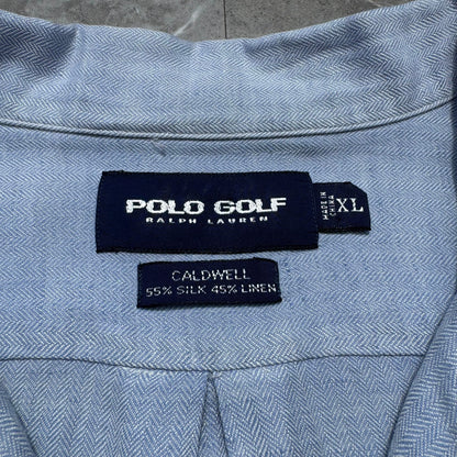 90s-00s Ralph Lauren Polo Golf Caldwell Blue Herringbone Silk x Linen Open Collar Shirt KiiChain Clothing