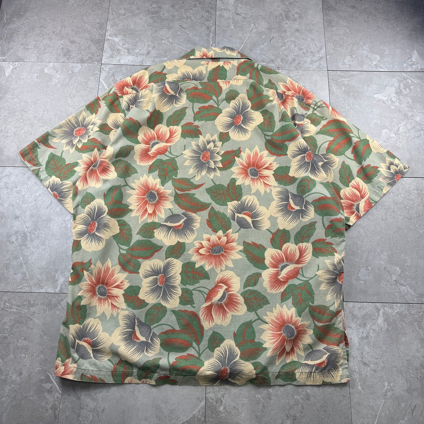90s Polo by Ralph Lauren Green Cotton x Linen x Ramie Flower Open Collar Shirt XL